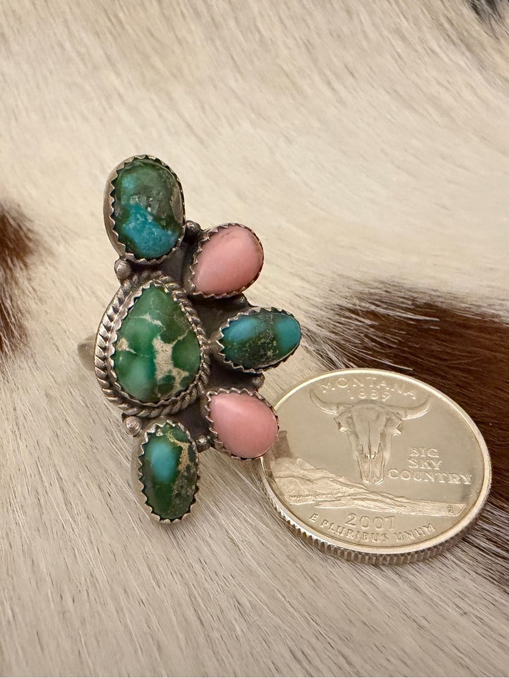 ❤️ Sonoran Gold Turquoise & Pink Conch ADJ 4.5 - 8.6 Statement Ring Matte 925 - Picture 11 of 15